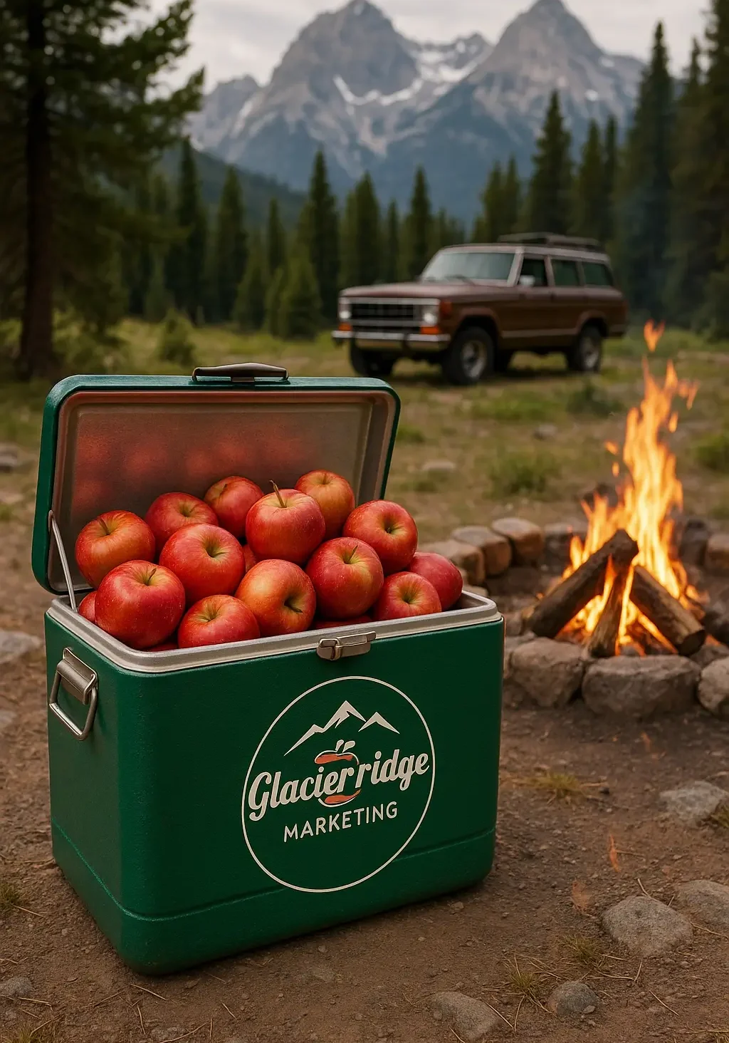 A cooler filled with apples next to a fire pit